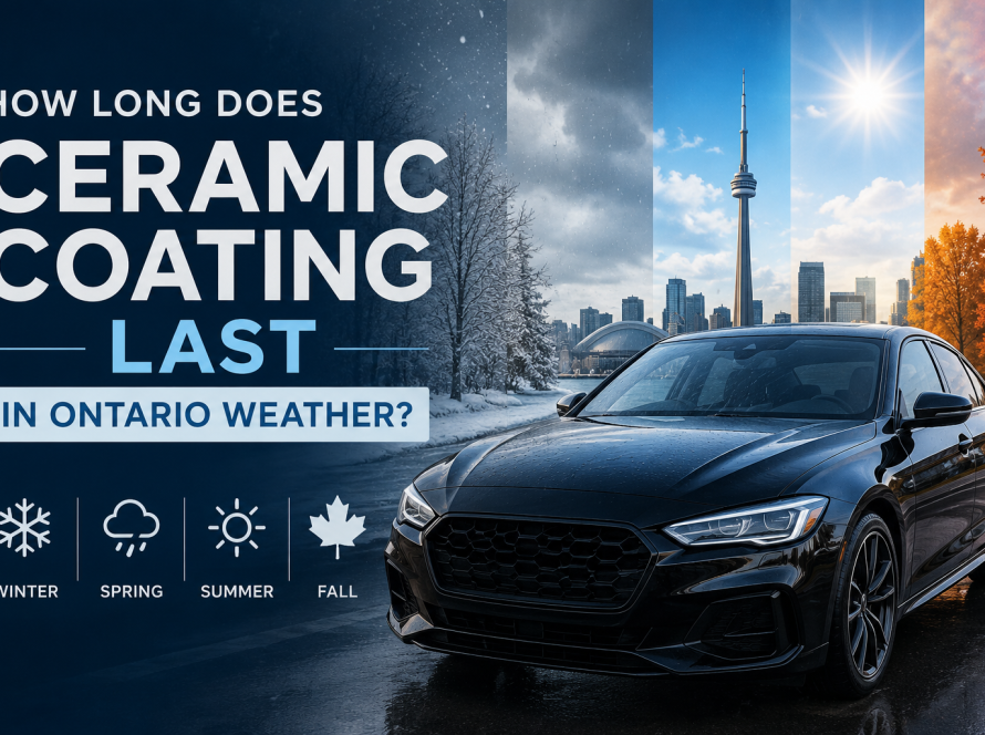 Ceramic-coated black sedan on a wet road with Ontario seasonal weather scenes including snow, rain, sunshine, and autumn leaves in the background
